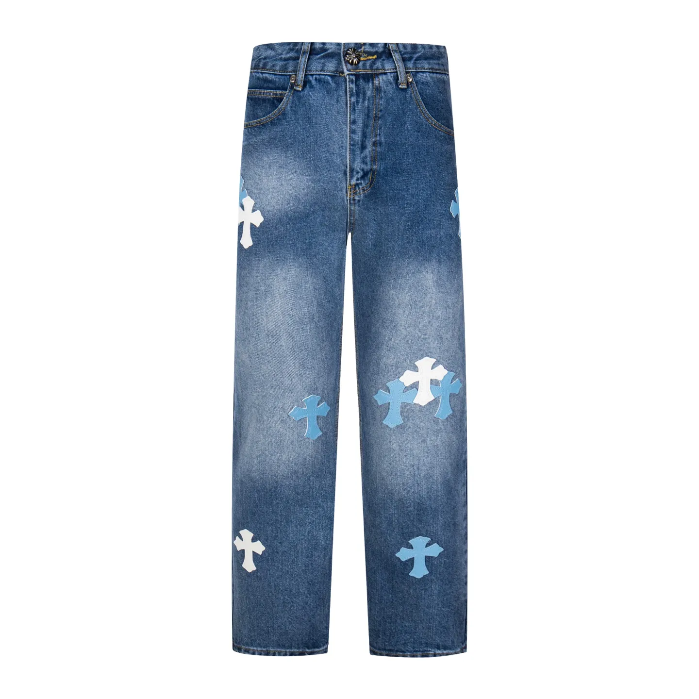 P260 Chrome Hearts light blue pants, Sanskrit blue and white patchwork leather jeans. CH jeans need to be washed and then disassembled and hand-stitched with sheepskin cross leather and then spliced ​​together. The whole piece has too many craftsmanship to explain. The patchwork cross pattern is embellished, and the high-waisted washed jeans! ! Absolutely high-end luxury products, god-level single products and super popular products, made with top heavy industry, a must-see magic weapon. Customized hardware. The fabric is thick and soft after washing. It has good breathability. Customized small leather label. Unique design. The details are simple and elegant, and the workmanship is exquisite. The entire trousers are neatly routed and the details are in place! It’s so cool that both men and women can easily control the genderless trend! Style number: 1805# Color: blue Size: 28 30 32 34